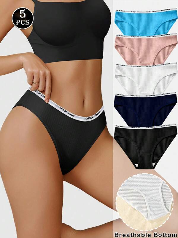 5Pcs Seamless Striped Underwear Women's Panties Letter Belt Briefs Ladies Mid Waist Lingerie Solid Breathable Underpants