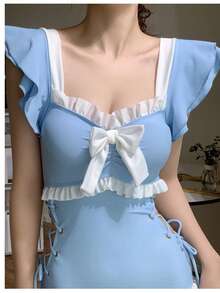 Versión coreana del traje de baño femenino de una sola pieza linda chica conservadora vientre-sombreado delgado ins viento vacaciones spa traje de baño - Azul - Ver 5