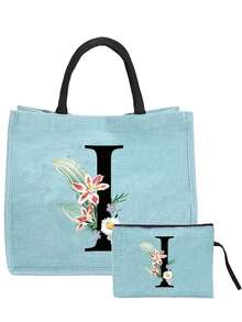 Sunflower & Daisy, Letter A-Z Print Blue Linen Tote Bag, Perfect Holiday Gift, Multifunctional Portable Handbag/Shoulder Bag, Fashion Minimalist Linen Bag, Large Capacity Storage Bag, Gift For Women, Teacher's Day Gift, Cosmetic Bag - Blue - View 36