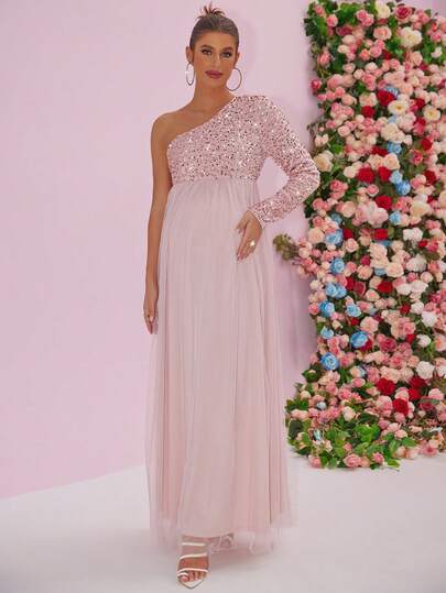 Joyfunear Pregnant Women's Solid Color Asymmetric Neckline Sequin Patchwork Long Sleeve Shiny Mesh Patchwork Dress