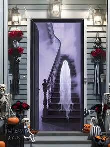 2D 万圣节鬼门横幅、恐怖鬼万圣节门装饰、万圣节门装饰、万圣节派对横幅、用于前门廊、万圣节派对用品、恐怖装饰背景板。