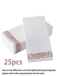 25片装一次性金色图案布艺餐巾，内置餐具袋，婚宴适用。亚麻质地白色餐巾，预折叠，适用于婚礼、节日、生日派对和餐桌装饰。