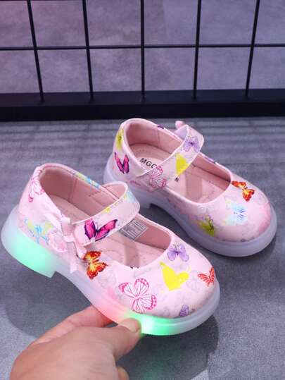 MGO Kidss Zapatos planos de niña con diseño de mariposa brillante MGO, zapatos con luces, estilo princesa de moda cómodo, adecuado para todas las estaciones, ligero y cómodo, apropiado para actuaciones y fiestas