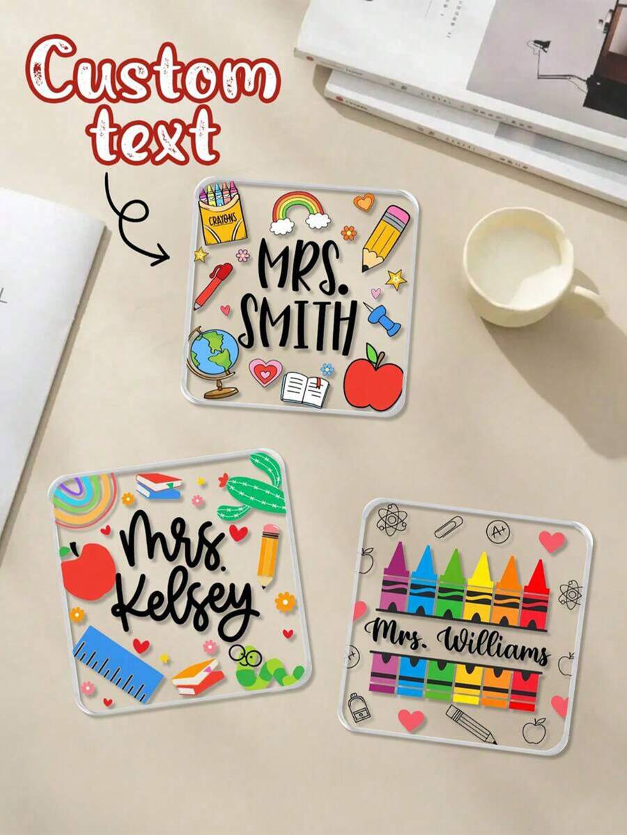1pc Personalized Teacher Gift, Custom Teacher Name Coaster, End Of School Year Gift, Teacher Appreciation Gift, Back To School Gift - Multicolor - View 1