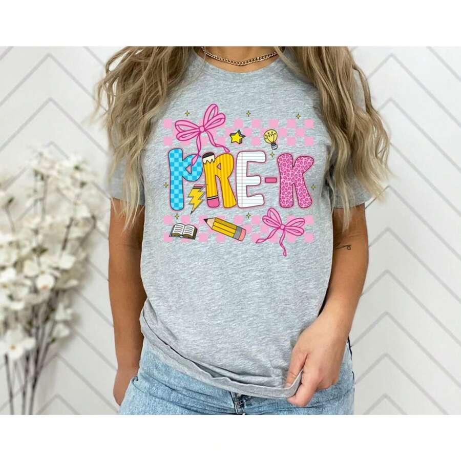 Women's Summer Shirts Pre-K Teacher Shirt, PreK Teacher Gift, Preschool Squad Tee, Teacher Team Shirt Oversized Tshirts For Women Oversized Graphic T-Shirts Casual Round Neck Short Sleeve Tee 1pcs Fashion Shirt - 灰色 - 查看 1