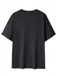 Camiseta casual de manga corta con cuello en V de unicolor y estampado gráfico para hombres, para verano - Negro - Ver 2