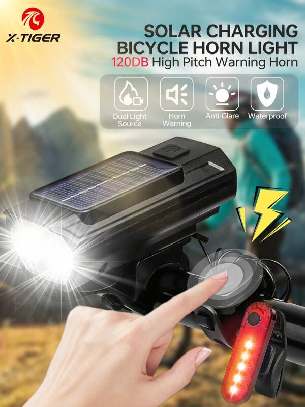 X-TIGER Solar Power Bicycle Light Set With Horn, 120dB Rechargeable For Mountain & Road Bikes, Front Light Flashlight With Tail Light
