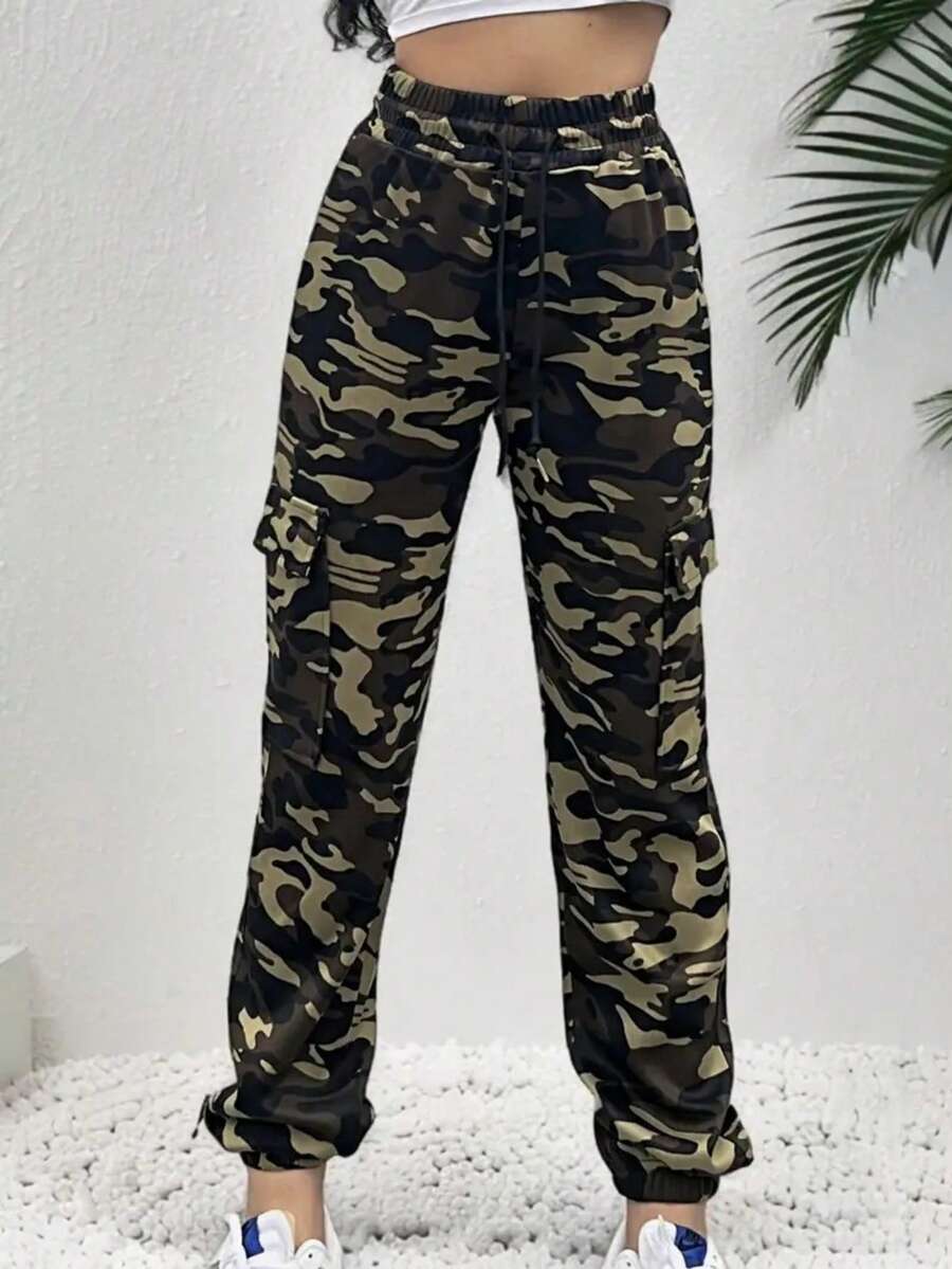 Women's Fashion Camouflage Non-Elastic Rubber Tighting Leg Drawstring Workwear Casual Jeans Camo Pocket - Nhiều màu - Xem 1