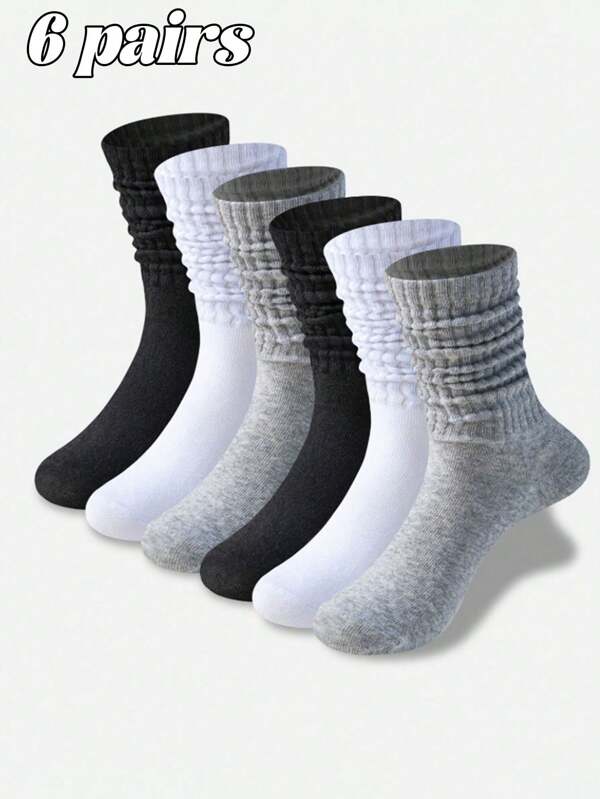 6 Pairs Women Classic Black, White And Grey Color Block Crew Socks, Fashion Simple Casual Socks For Daily Wear, Party, Match With Skirts, Campus Style And Back To School, Suitable For All Seasons