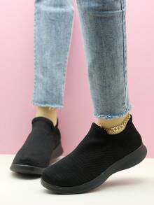 Women's All Black Sock Shoes, Shock Absorbing Sports Casual Knitted Shoes, Slip-On Dance Shoes, Nurse Shoes - Black - View 8