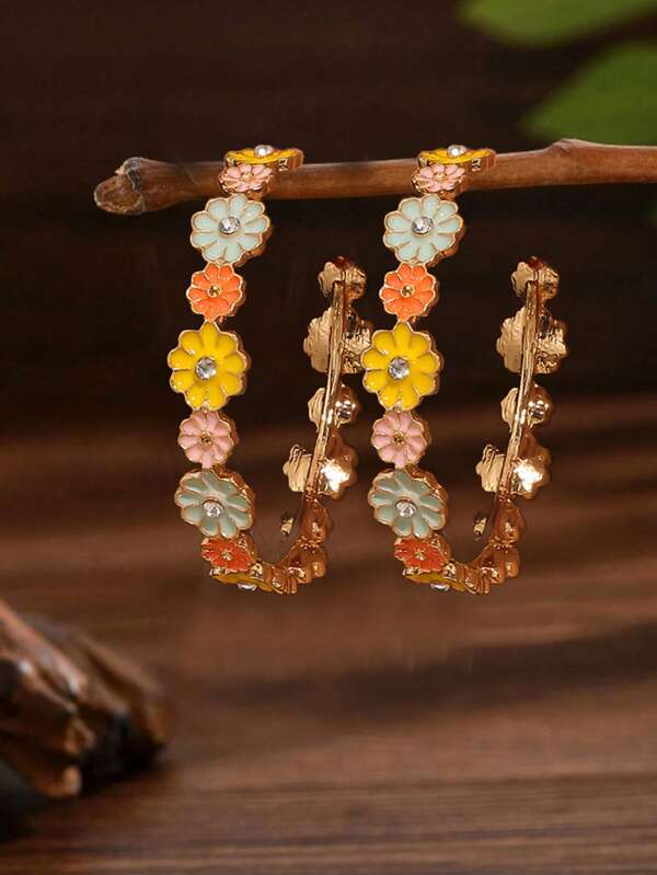 1 Paar süße Blumen Harz Creolen mit Strass, modisch inspiriert von Dopamin, geeignet als Geschenk für Freundin, Schwester, Mutter, für Alltag, Urlaub, Party, Hochzeitsmode
