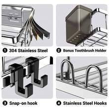 Corner Shower Caddy, 2 Pack Adhesive Shower Corner Organizer Shelves, No Drilling Stainless Steel Shower Storage Rack With Hooks&Toothpaste Holder For Bathroom, Dorm And Kitchen - 銀色 - 查看 5