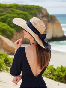 优雅波西米亚风格的女士一体式卡其色/米色草编太阳帽，适合夏季海滩，易于折叠，方便存放，非常适合复活节和户外场景 - 咖啡棕 - 查看 3