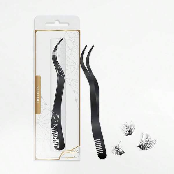 2 In 1 Lash Extension Tweezers With Comb, Stainless Steel Elbow Eyelash Extension Tweezers, Eyelash Tweezers For Lash Extensions, Precise Eyebrow Tweezers Tool For DIY False Eyelashes Clusters, Black