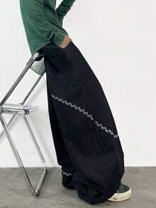 1 chiếc quần jeans nam ống rộng kiểu Nhật Bản, thêu họa tiết cổ điển, dáng suông, đã qua xử lý giặt (Sản phẩm không bao gồm thắt lưng và phụ kiện) - màu đen - Xem 2