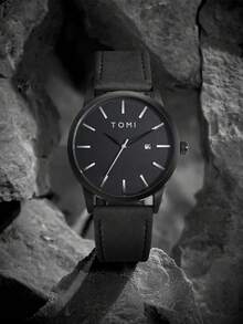 TOMI 1pc Zinc Alloy Leather Strap Watch, Fashionable Minimalist Design, Suitable For Teenagers, Ideal For Daily Life And Holiday Gifts - Black - View 3