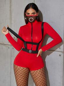 圣诞节情人节礼物 女士角色扮演服装 性感前拉链高领长袖超短连体衣+吊带套装（含面具） - 紅色 - 查看 6