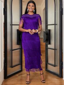 Women's Short Sleeve Sheer Mesh Patchwork Tassel Dress, Spring Outfit For Party, Reception, Date, Birthday - Purple - View 4
