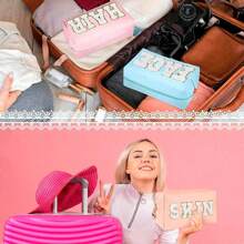 学院风化妆包女士旅行洗漱包雪尼尔字母化妆包 PU 皮革防水袋可爱拉链收纳包、皮肤、头发和面部旅行必备包，适合学校假期返校用品女士旅行包 - 彩色 - 查看 6