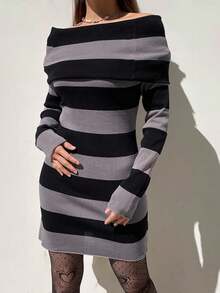 Women Off The Shoulder Striped Sweater Dress Y2k Fairy Grunge Goth Long Sleeve Knit Bodycon Mini Dress Wrapped Sweater Short Dresses Teens Girls Punk Gothic Emo Vintage Aesthetic Clothes Streetwear Fall Halloween Outfit - 黑色 - 查看 3