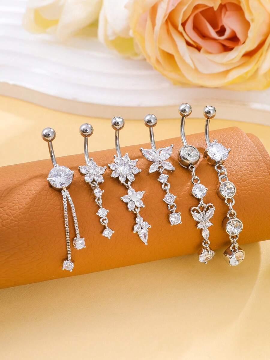6 PCS Silver Butterfly Flower Chain Belly Button Ring