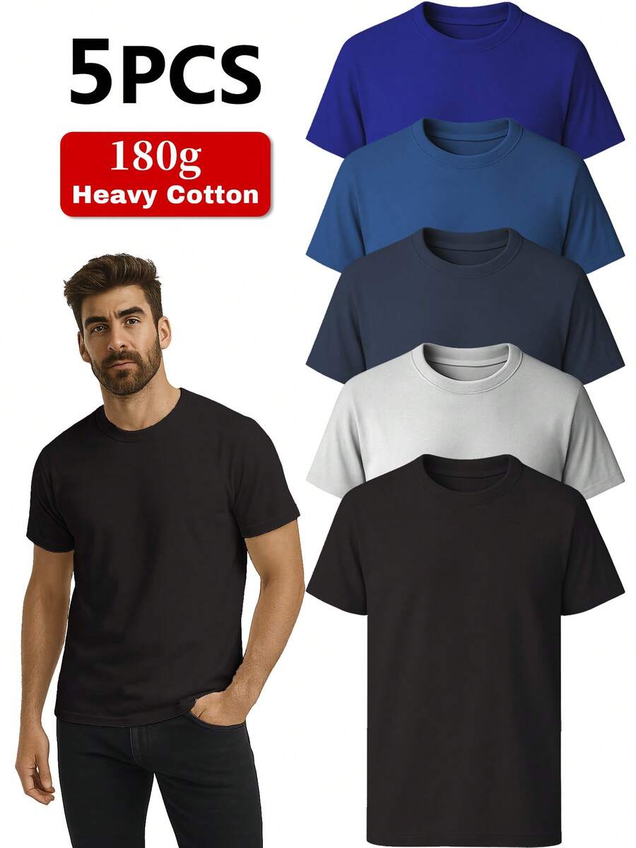 5-Pack Unisex Cotton T-Shirts - Classic Solid Color Crew Neck Tee - Casual Sports Pullover, All-Season Loose Fit, Regular Length Short Sleeve - multicolour 4 - 查看 1