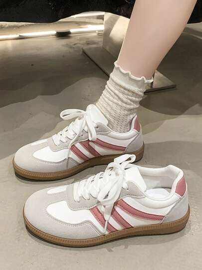 Women's Multifunctional Fashion Casual Shoes, Flat Lace-Up Round Toe Rubber Sole Casual Sneakers, Black & Khaki Color Block, Daily Matching Shoes, Casual Shoes Size 36-41,