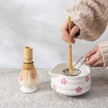 5pcs Matcha Whisk Set, Cute Pink Heart/Cherry Blossoms Ceramic Matcha Bowl With Whisk Set, Japanese Tea Set Includes Matcha Bowl With Spout, Matcha Whisk Holder, Bamboo Matcha Whisk, Scoop, Sifter, Ceramic Matcha Kit For Tea Lovers