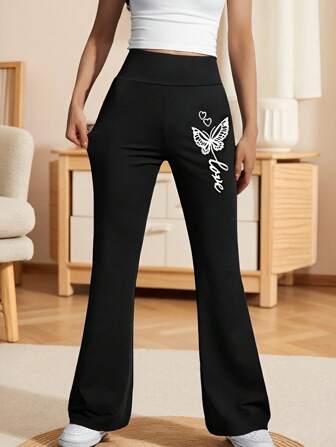 Girls' Black Versatile Skinny Leggings, Flared Pants, Elegant High Stretch Yoga Pants, Outdoor Sports Butterfly Print Trousers, Suitable For 3-10 Years Old