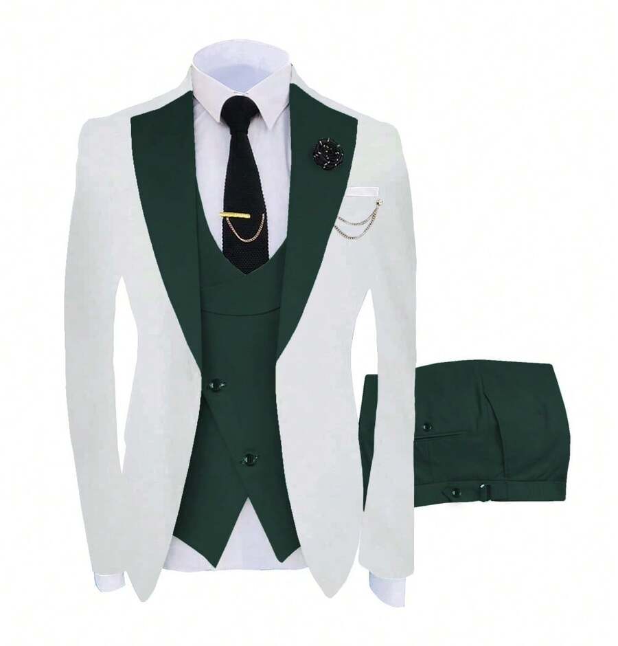 Men's Suits 3 Pieces Colorblock Slim Fit Double Breasted Formal Tuxedo Blazer Vest Pants For Wedding Party - 墨綠色 - 查看 1
