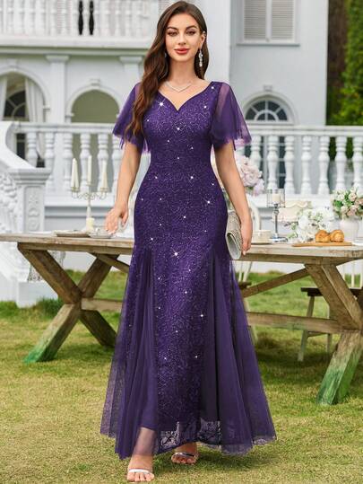 Sequin Lace Sweetheart Neck Ruffle Sleeve Evening Party Maxi Dress, Homecoming Dress, Wedding Guest Dress, For Birthday, Formal Events, Graduation, For Valentine's Day Spring