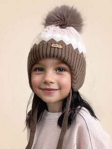 儿童针织帽，钻石提花婴儿针织帽，绒球设计，男童女童秋冬护耳帽，秋冬婴儿户外保暖帽，撞色设计，婴儿冬季防风帽，适合户外，时尚百搭，日常休闲 - 針織帽 - 查看 1