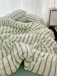 3 件套 100% 涤纶复古绿条纹印花羽绒被套，2 个枕套 + 1 个羽绒被套（无床单），柔软舒适，适合所有季节