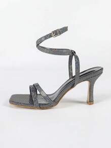 Women's High Heel Sandals, Criss-Cross Design With Black Laser Highlight Upper, Party Style Lace-Up High Heel Sandals, Sexy High Heel Sandals Suitable For Fashion Parties, Commuting, Shopping, Night Out, Iridescent Effect