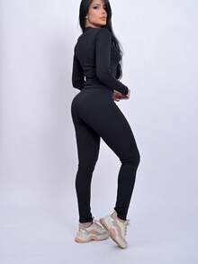 Ana Ruga Cropped Long Sleeve Simple None Beach Set - Negro - Ver 2
