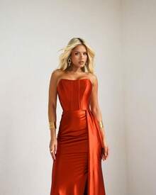 Elegant, Sexy, Satin, Strapless, Maxi Party Dress With Side Slit And Tie At The Back, Ideal For Bridesmaid/Smart Casual Attire/Wedding Guest/Graduates/Formal Occasions - 紅陶 - 查看 2
