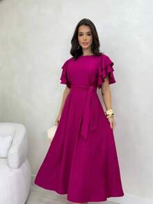 LONG DRESS WITH PUFFED SLEEVES, PRINCESS RUFFLE, LAYERS, BELT, PARTY, EVANGELICAL FASHION SKIRT - 淡紫色 - 查看 3