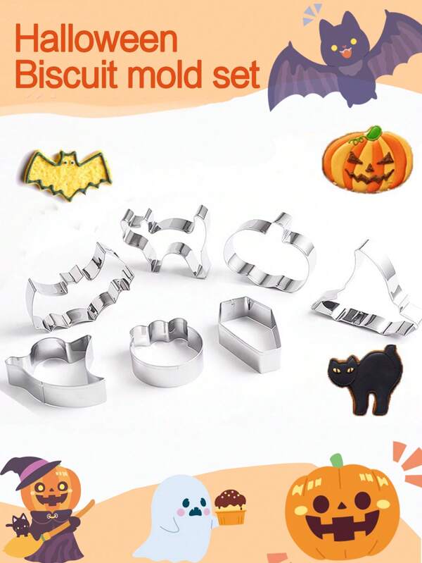 1set Halloween Cookie Mold, Cute Cookie Cutter, Seven Shapes, Suitable For DIY Cakes And Cookies, Pumpkins, Bats, Ghosts, Cats, Etc., DIY Halloween Baking Mold