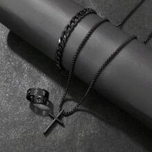 4pcs Hip-Hop Fashion Men'S Jewelry Set, Black Cross Necklace, Bracelet And Ring, The Best Jewelry For Gift Giving Christmas New Year Valentine's Day Holiday Gift