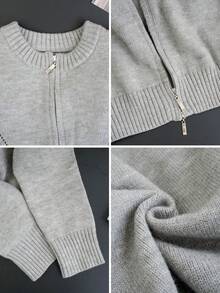 Autumn/Winter New Year Casual Slim Fit Round Neck Double Zipper Women Knitted Cardigan Short Sweater Jacket - Grey - View 8
