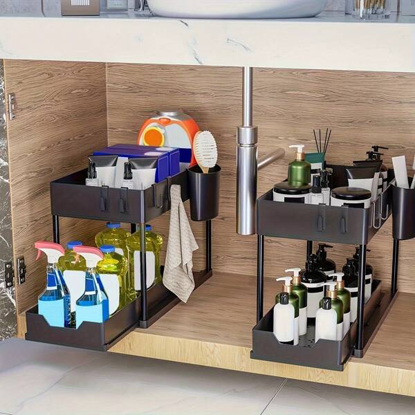 2-Tier Sliding Under Sink Organizer With Hooks, Plastic Cabinet Basket Storage Drawers For Bathroom Kitchen, Space Saver Bottom Shelf, Under Sink Organizers And Storage