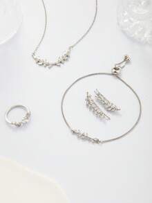 5 件/套优雅女士珠宝套装，银色方晶锆石花项链，可调节手链，耳环，戒指，不褪色礼品珠宝，订婚 - 復古銀色 - 查看 9