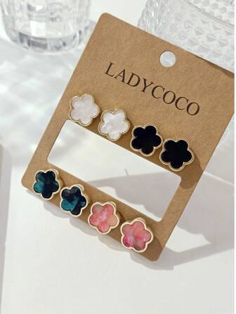 LADYCOCO 4 Pairs Fashionable Clover Stud Earrings Set For Women, Versatile For Daily Wear