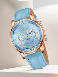 GAIETY 5 件女士蓝色表带时尚休闲罗马数字刻度石英表蝴蝶手链项链耳环首饰套装适合日常佩戴装饰或节日礼物 - 藍色 - 查看 3