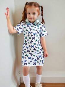 3pcs Young Girl Butterfly Print Solid Color Bodycon Cute Short Sleeve Dress Set