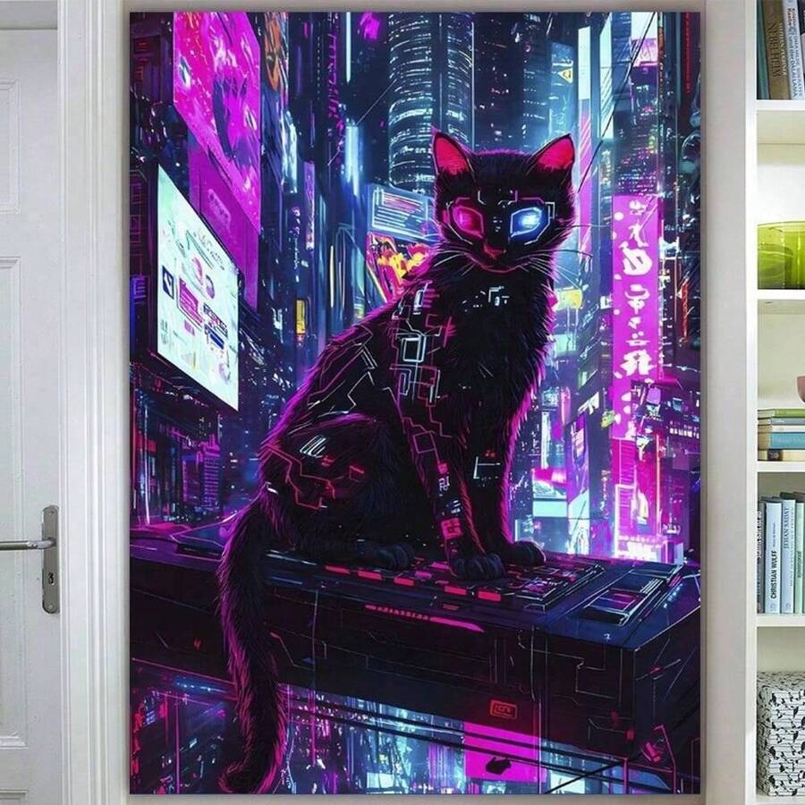 Framed 1PC Room Decor Cyberpunk Cat Gaming Canvas Poster - Vibrant Neon Aesthetic Wall Art With High-Tech Armor & Glowing Hues, Perfect For Bedroom, Office, Or Cafe Decor,Cat Decor, Office Decoration | Futuristic Cat Design | Detailed Textures, Cat Decorations