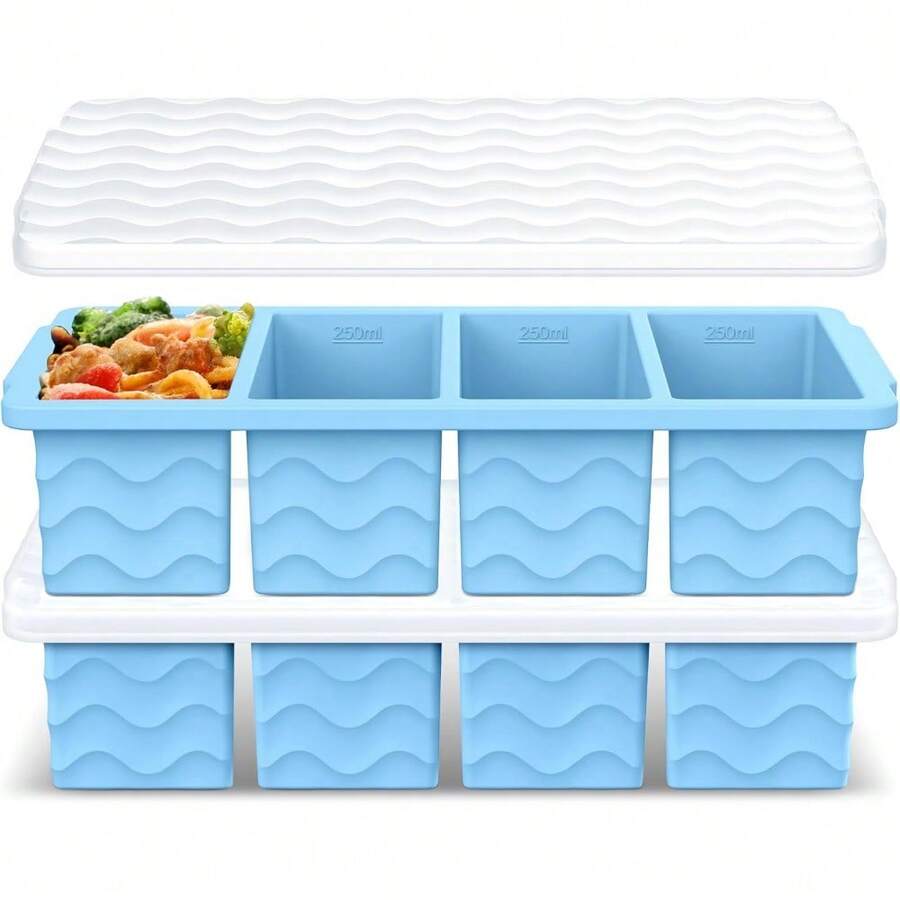 2-Pack Silicone Soup Freezer Trays With Lids - 1-Cup Portion Containers For Broth, Stock & Meal Prep, Leak-Proof Design & Stackable Storage, Perfect For 250mL/125mL Frozen Cubes - 淺藍色 - 查看 1