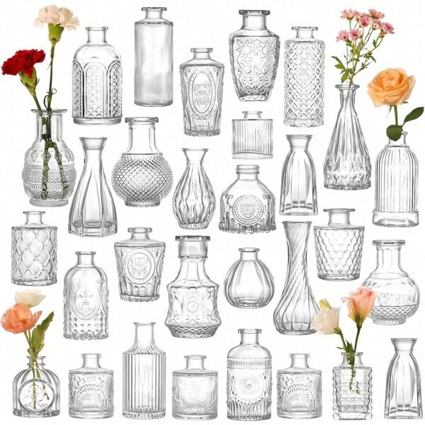 Clear Glass Bud Vases Set Of 30 For Flowers Vintage Embossed Small Vases For Centerpieces, For Rustic Wedding, Home, Table Decor