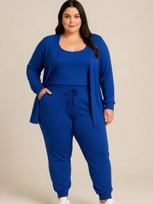 Plus Size 3 Piece Wool Set Cardigan Tank Top Pants Simple Casual Elegant - 藍色 - 查看 2