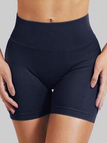 女士无缝提臀运动短裤，适合健身房锻炼、骑行、跑步，黑色紧身裤，夏季款 - 藏蓝色 - 查看 3
